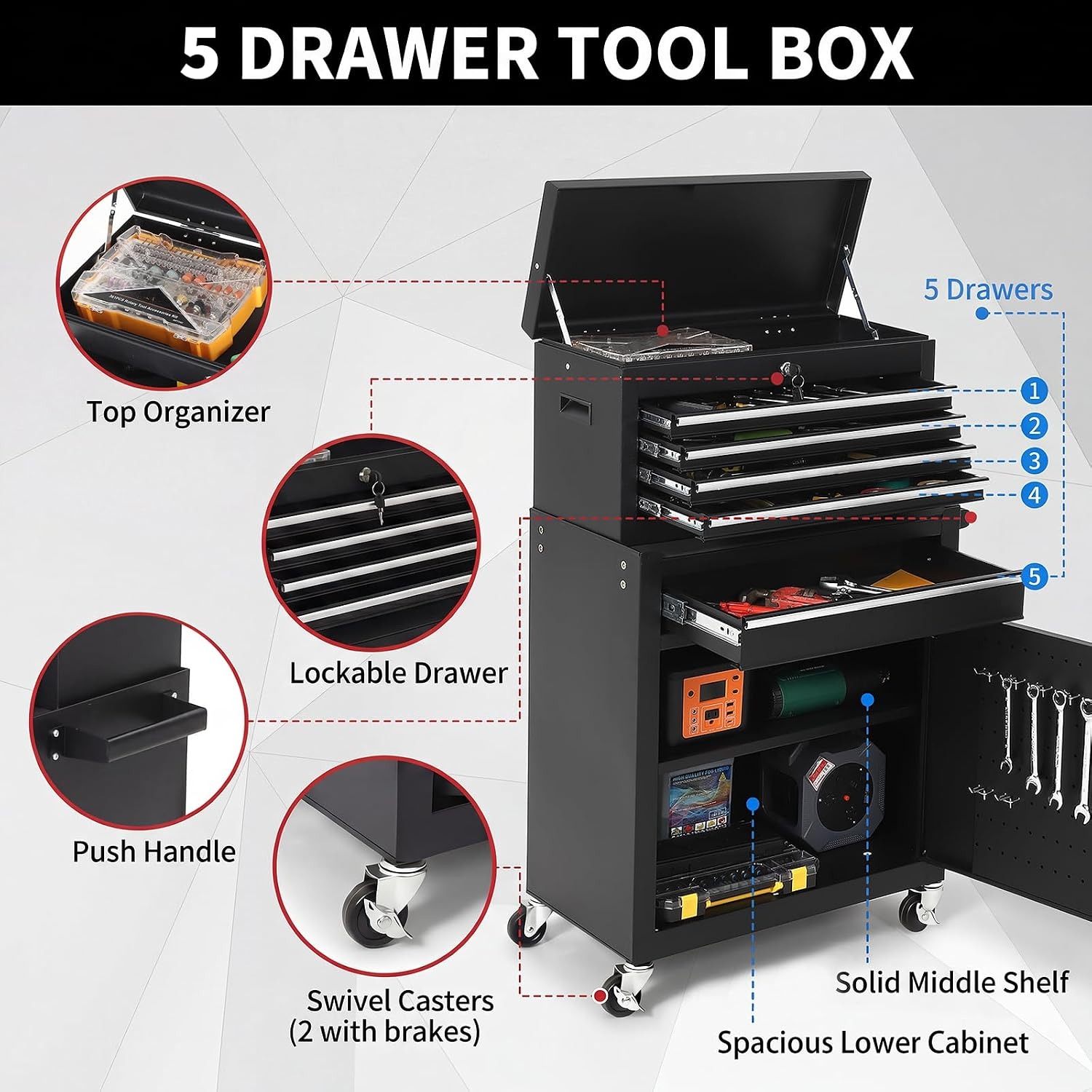 5단 서랍형 이동식 공구 캐비닛, 잠금 가능 탈착식 공 - Workshop Tools Box 리뷰 및 가격